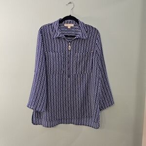 Michael Kors Navy & White Geometric Zip-Front Women's Top Collared Blouse